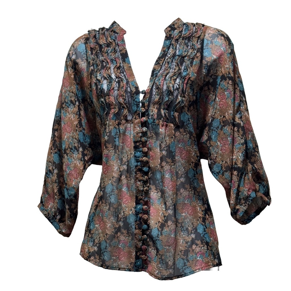 Buffalo Jeans Sheer Floral Button-Front Blouse Black Multicolor Lace Trim Size S